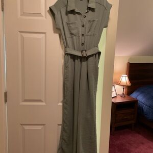 Monteau Olive Green Button-Front Belted Jumpsuit